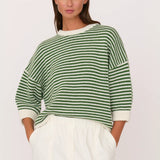 3/4 Sleeve Sweater (Green Ivory Stripe)