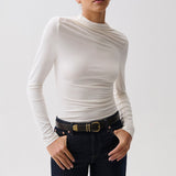 Nathalia Long Sleeve Draped Mock Neck (Soft White)