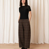 Wool Loose Barrel Pant (Taupe Multi color Plaid)