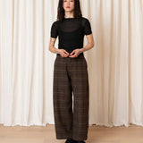 Wool Loose Barrel Pant (Taupe Multi color Plaid)