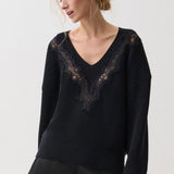 Chiarra V-Neck Lace Sweater (Black)